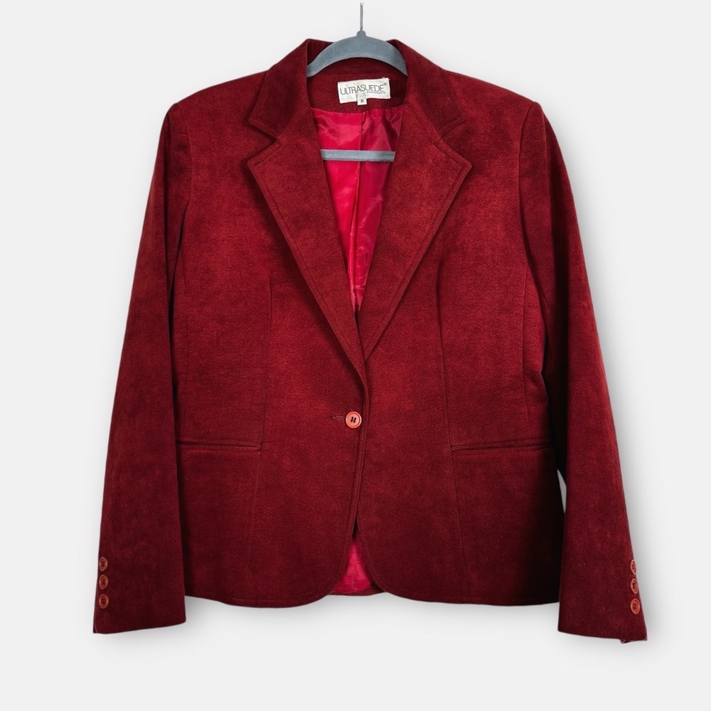 Ultrasuede Vintage Burgundy Red Blazer Jacket Womens Size 8 Single Button Eljos